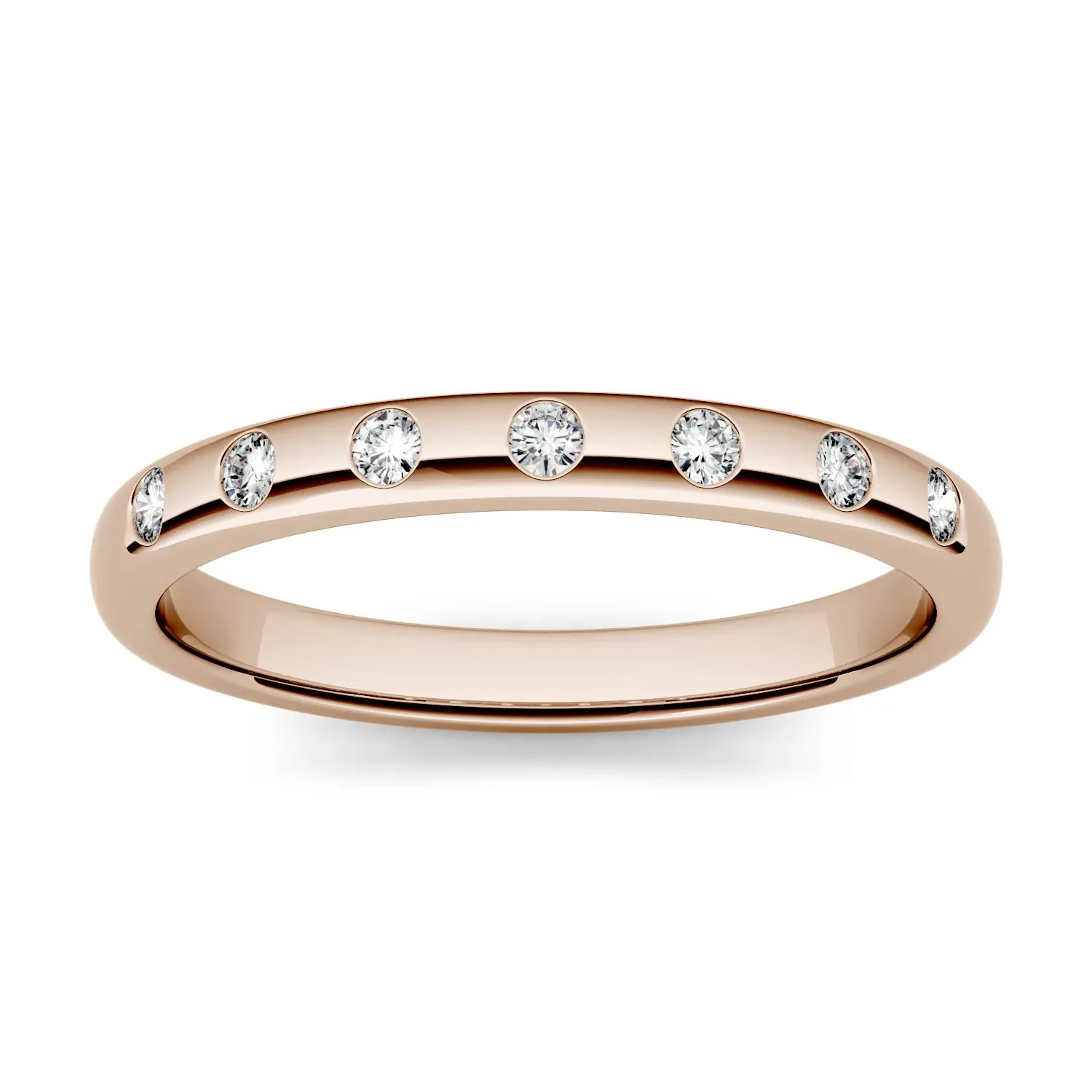 0.11 CTW DEW Round Moissanite Burnish Set Band in 14K Rose Gold