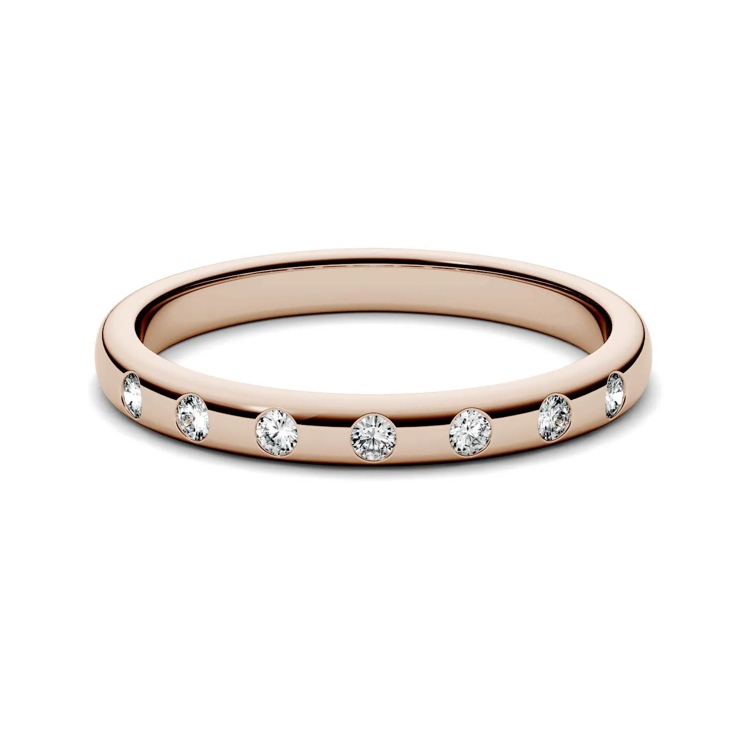 0.11 CTW DEW Round Moissanite Burnish Set Band in 14K Rose Gold