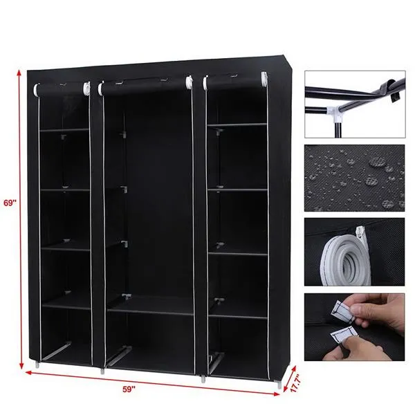 69" Black Portable Clothes Closet: Wardrobe Storage Organizer with Sturdy Non-Woven Fabric