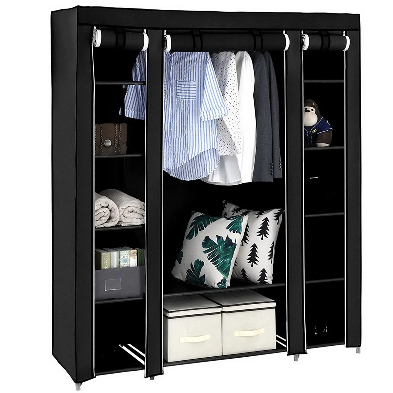 69" Black Portable Clothes Closet: Wardrobe Storage Organizer with Sturdy Non-Woven Fabric