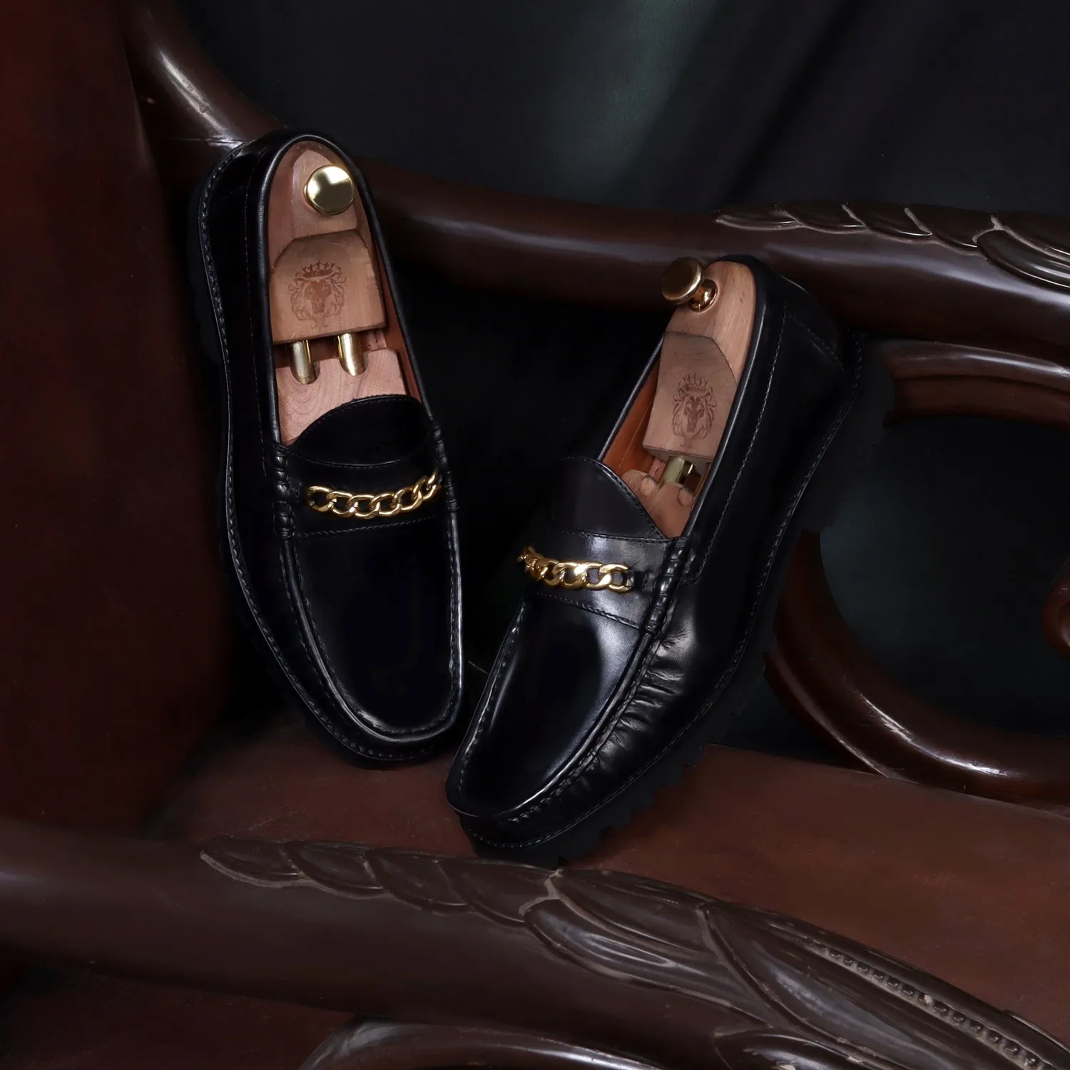 Black Chunky Sole Loafer with Golden Chain Embellishment