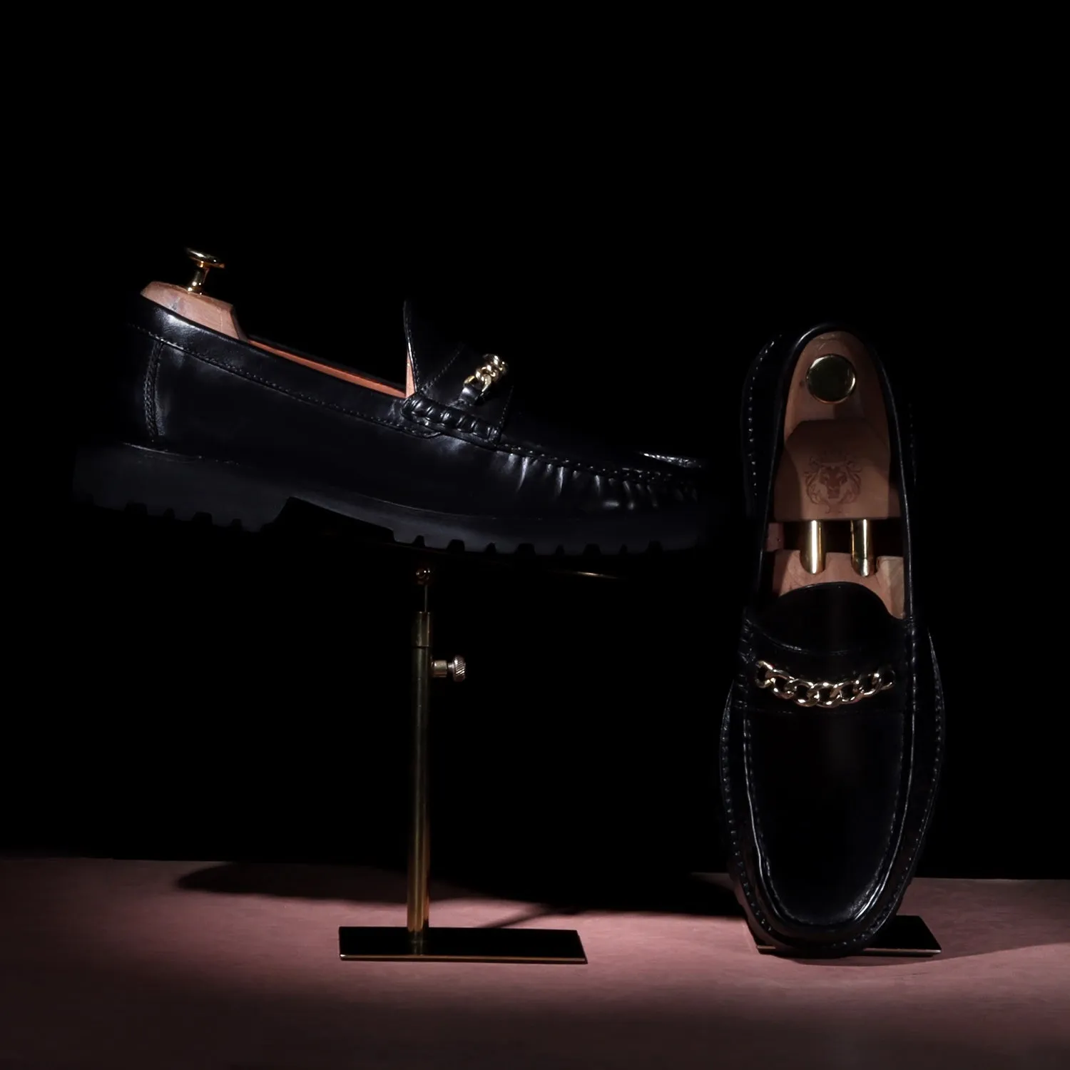 Black Chunky Sole Loafer with Golden Chain Embellishment