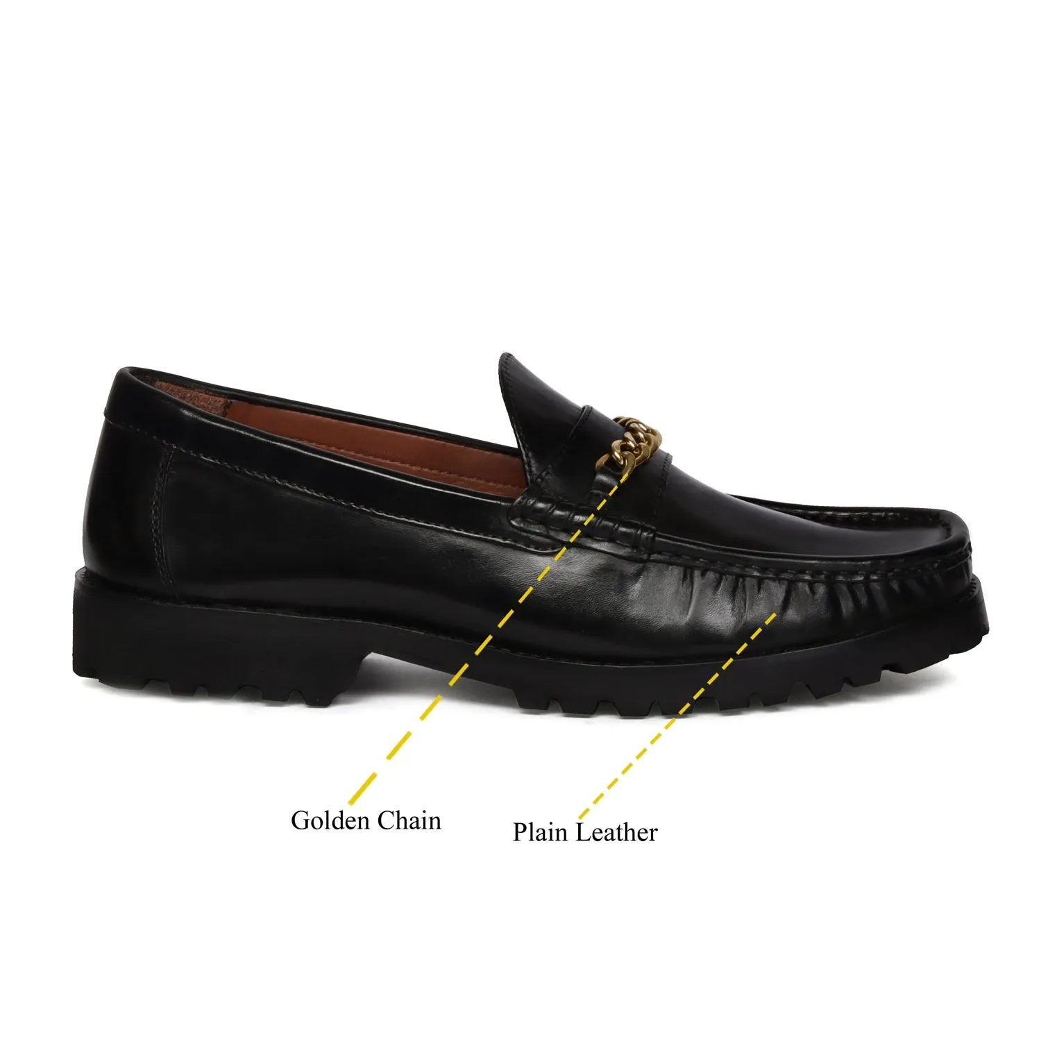 Black Chunky Sole Loafer with Golden Chain Embellishment