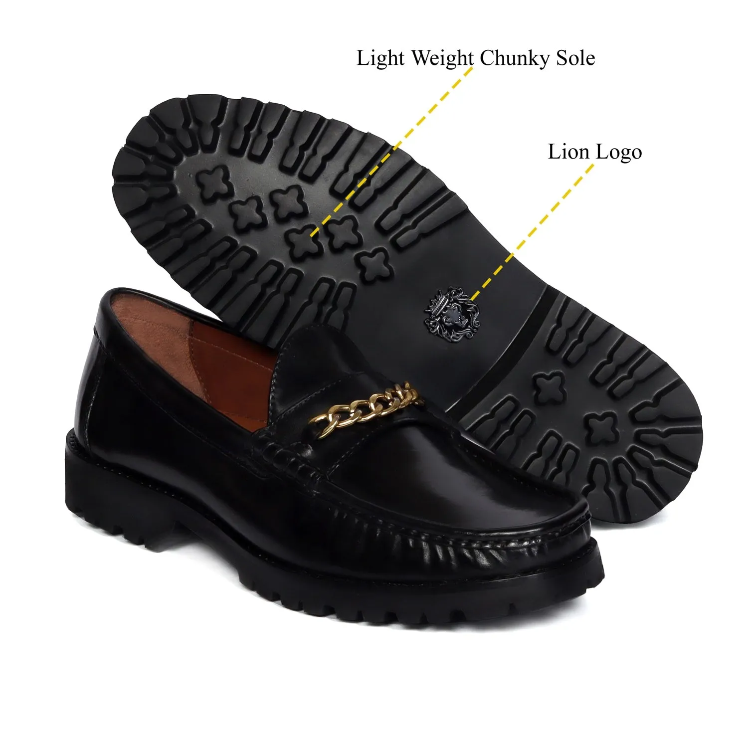 Black Chunky Sole Loafer with Golden Chain Embellishment