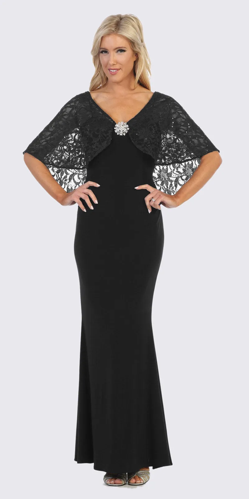 Celavie 6399 Long Sheath Dress with Lace Poncho