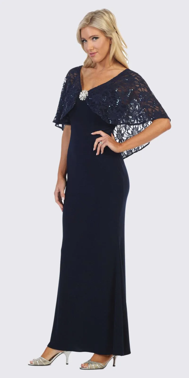 Celavie 6399 Long Sheath Dress with Lace Poncho