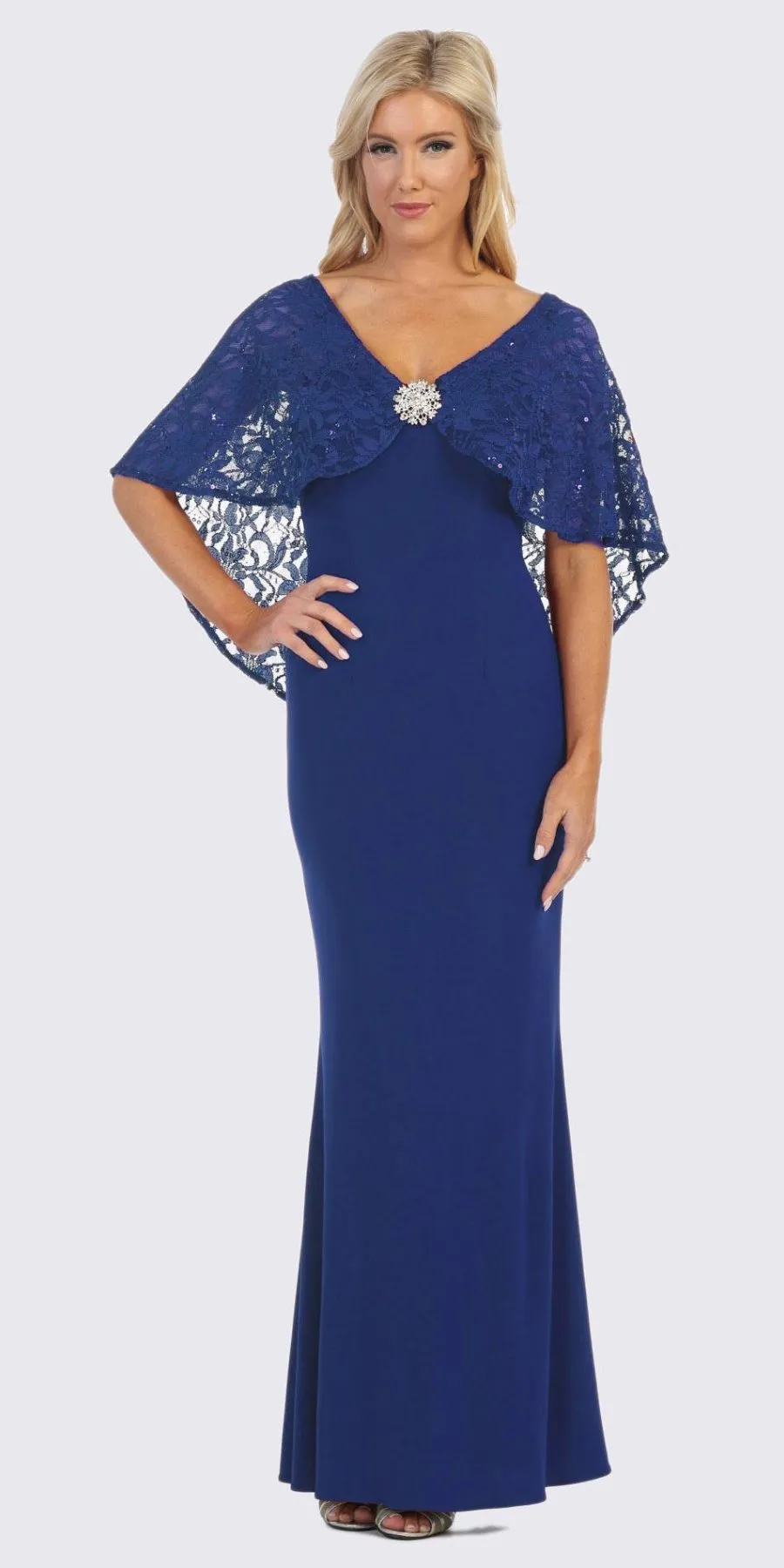 Celavie 6399 Long Sheath Dress with Lace Poncho