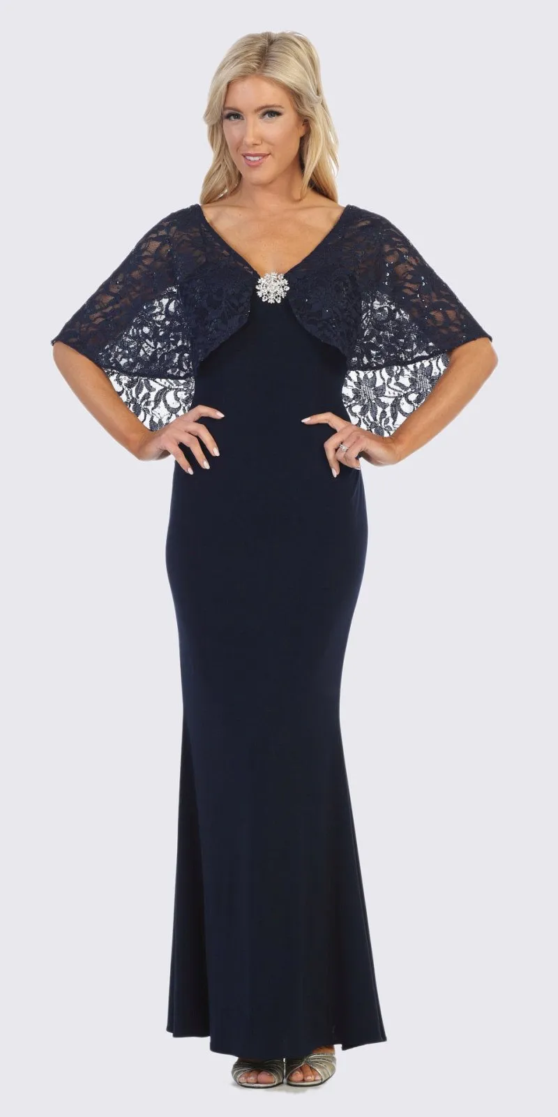 Celavie 6399 Long Sheath Dress with Lace Poncho