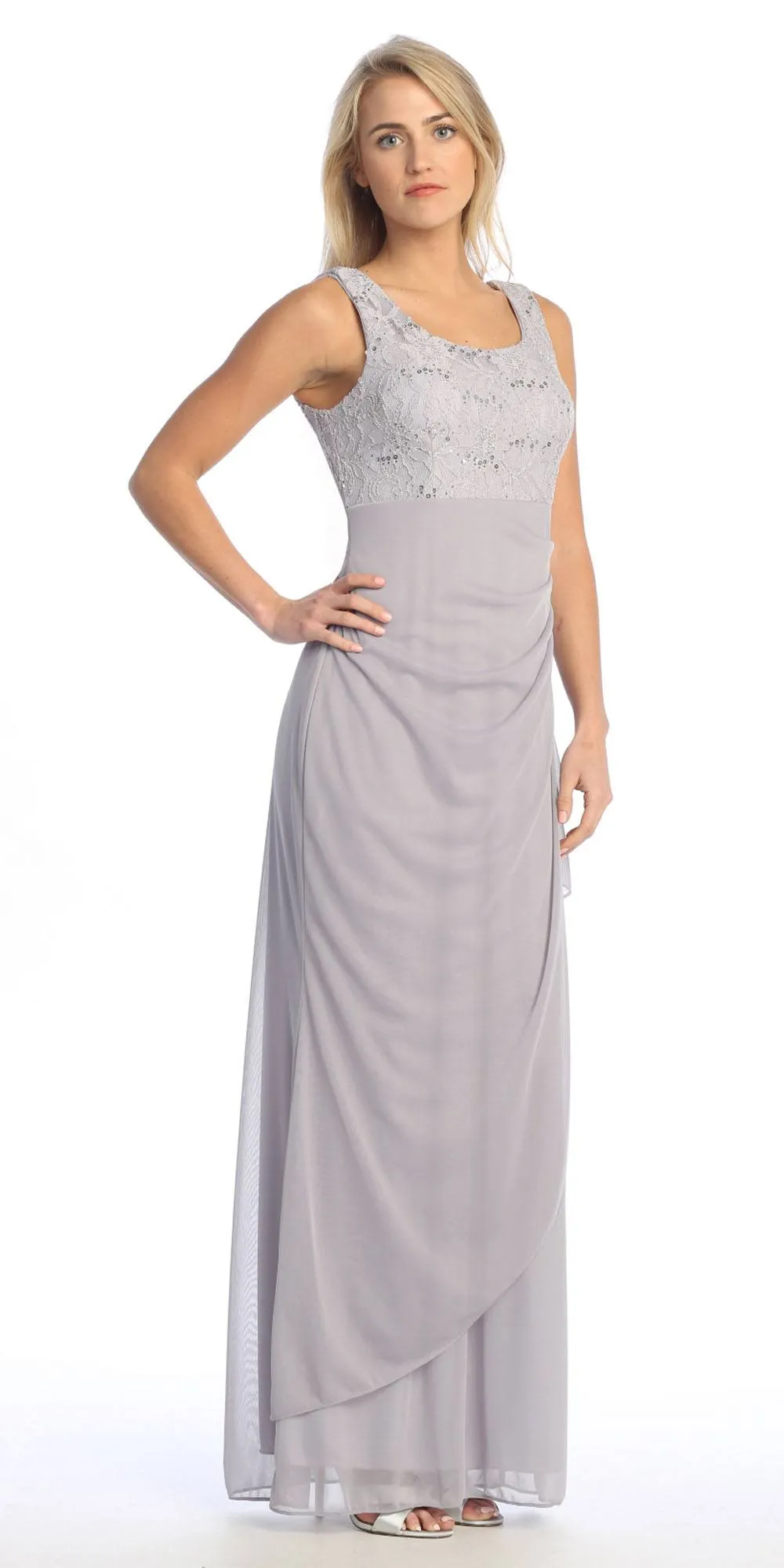 Celavie 6570-L Full Length Chiffon Lace Bodice Evening Dress with Bolero Jacket