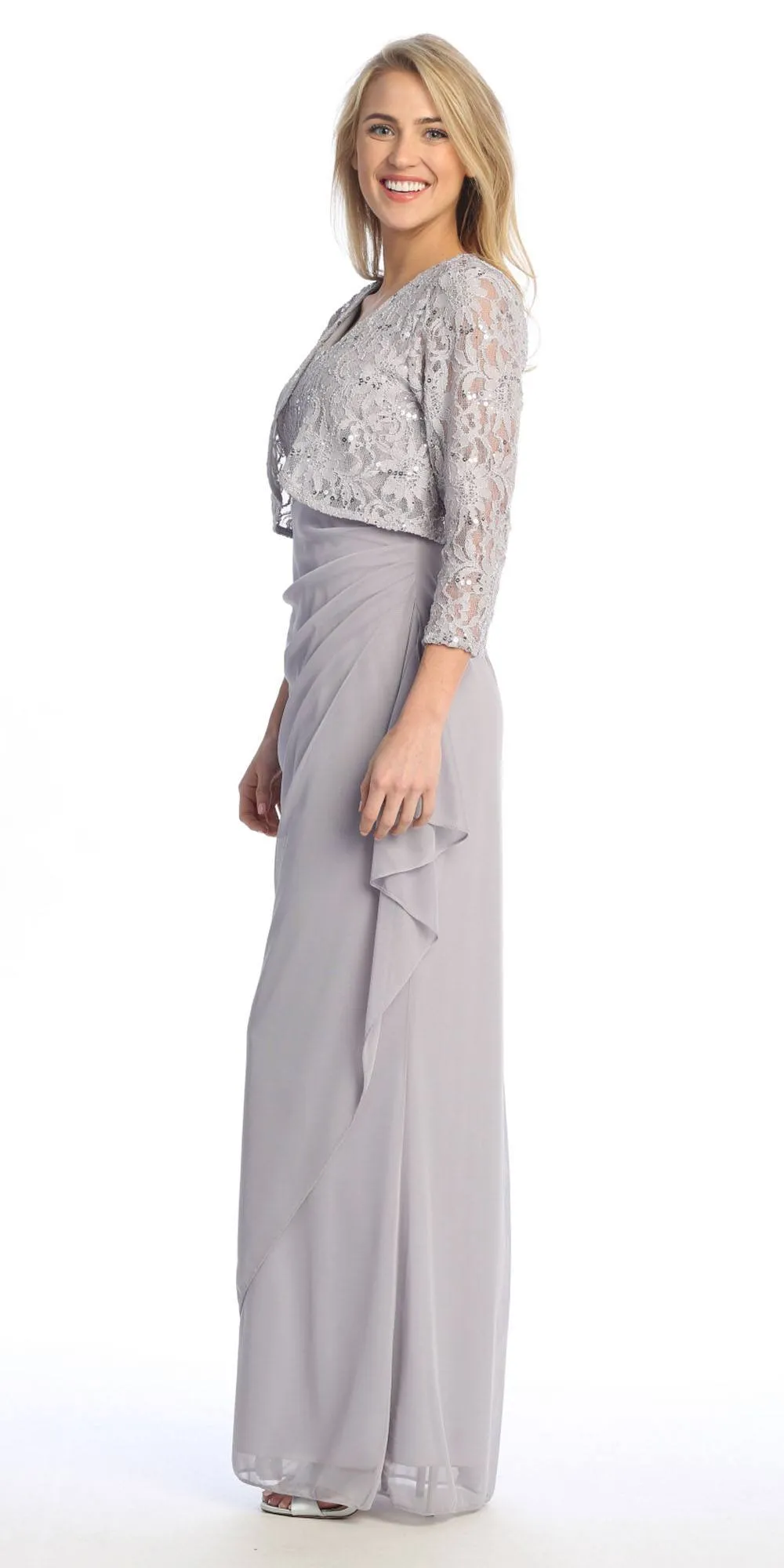 Celavie 6570-L Full Length Chiffon Lace Bodice Evening Dress with Bolero Jacket