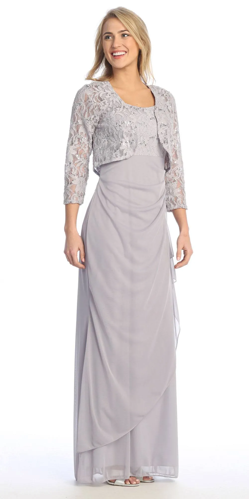 Celavie 6570-L Full Length Chiffon Lace Bodice Evening Dress with Bolero Jacket