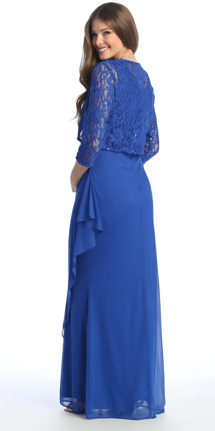 Celavie 6570-L Full Length Chiffon Lace Bodice Evening Dress with Bolero Jacket