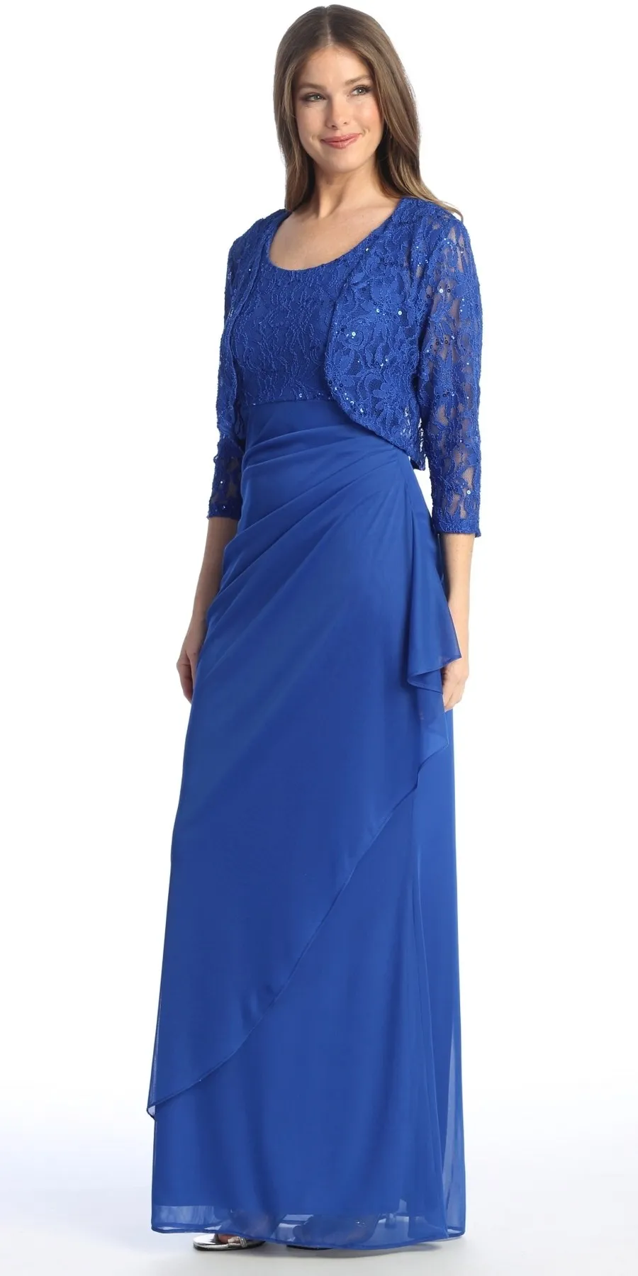 Celavie 6570-L Full Length Chiffon Lace Bodice Evening Dress with Bolero Jacket