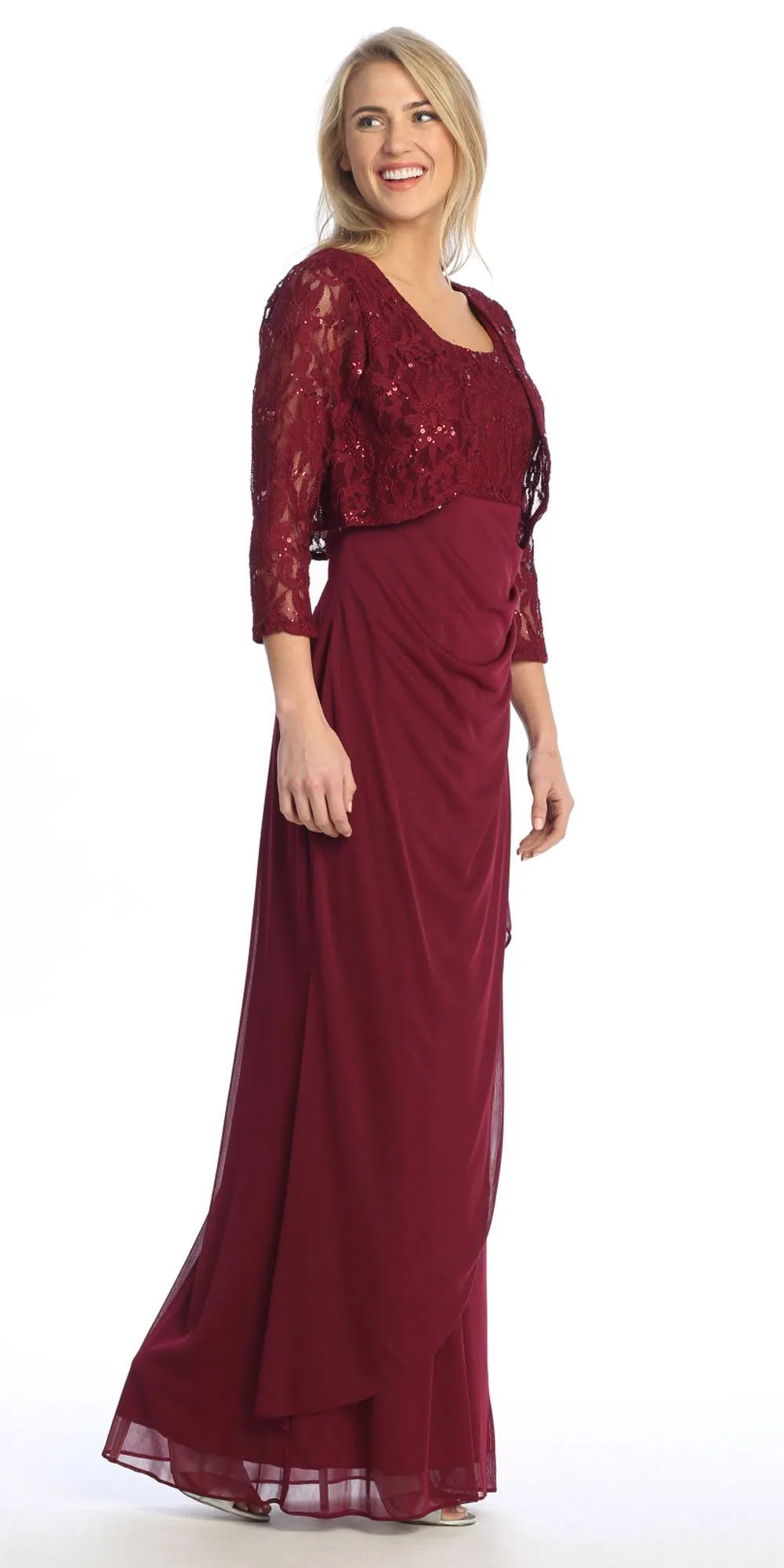 Celavie 6570-L Full Length Chiffon Lace Bodice Evening Dress with Bolero Jacket