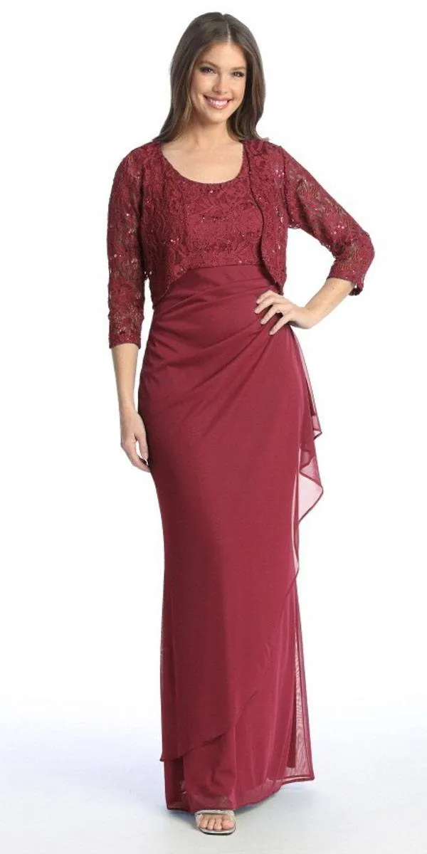 Celavie 6570-L Full Length Chiffon Lace Bodice Evening Dress with Bolero Jacket