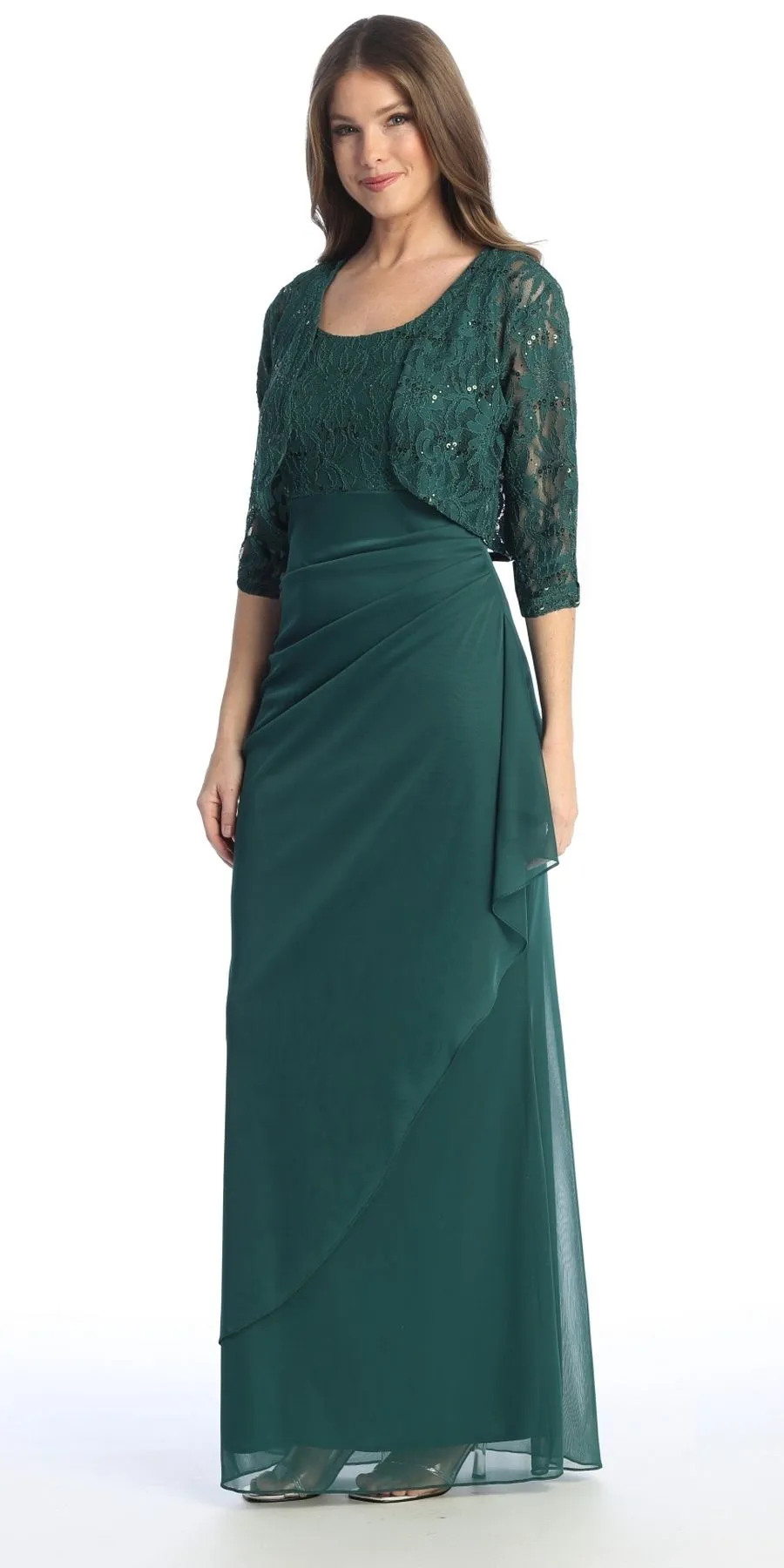 Celavie 6570-L Full Length Chiffon Lace Bodice Evening Dress with Bolero Jacket