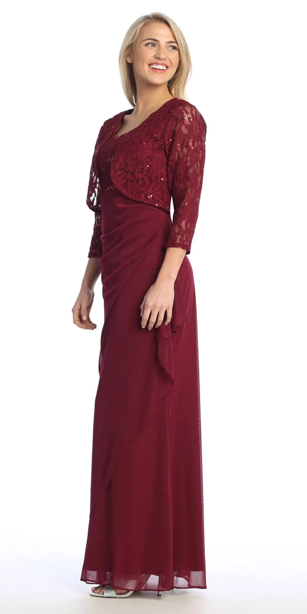 Celavie 6570-L Full Length Chiffon Lace Bodice Evening Dress with Bolero Jacket
