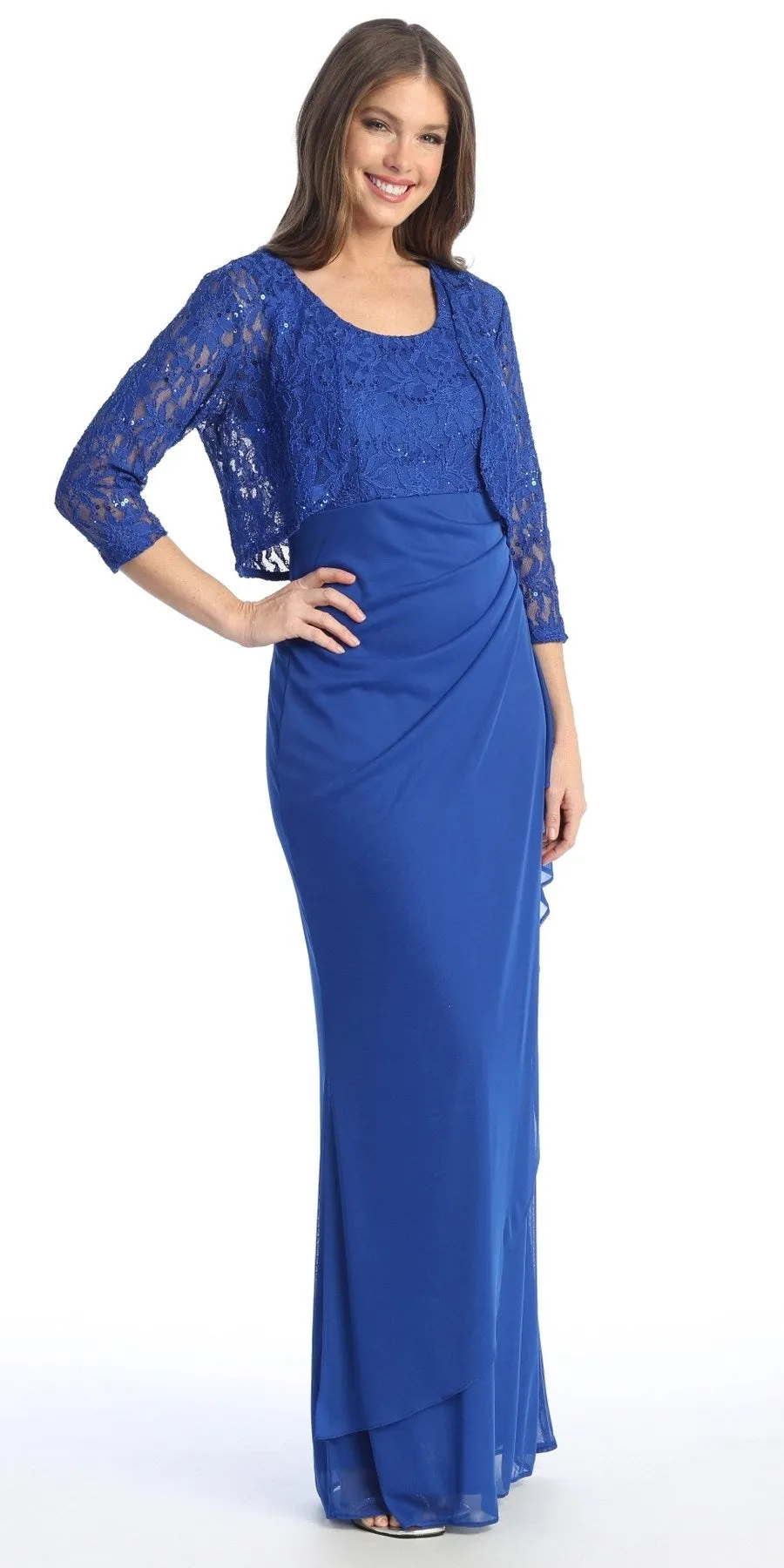 Celavie 6570-L Full Length Chiffon Lace Bodice Evening Dress with Bolero Jacket