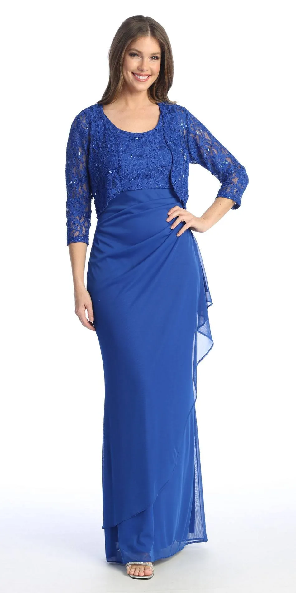 Celavie 6570-L Full Length Chiffon Lace Bodice Evening Dress with Bolero Jacket