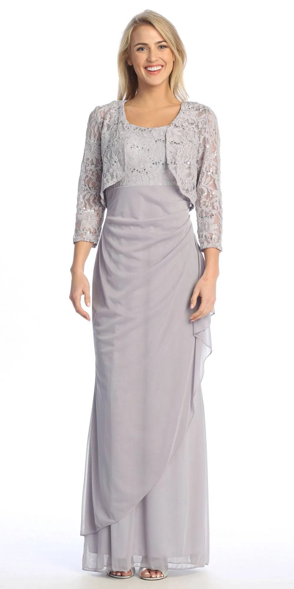 Celavie 6570-L Full Length Chiffon Lace Bodice Evening Dress with Bolero Jacket