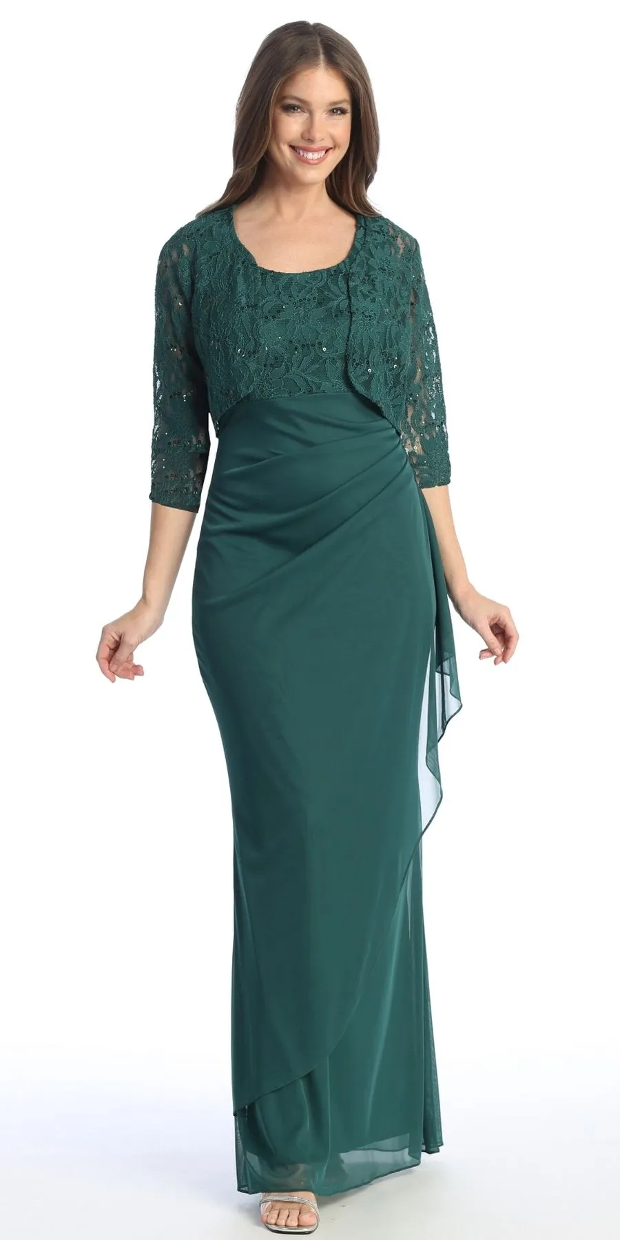 Celavie 6570-L Full Length Chiffon Lace Bodice Evening Dress with Bolero Jacket