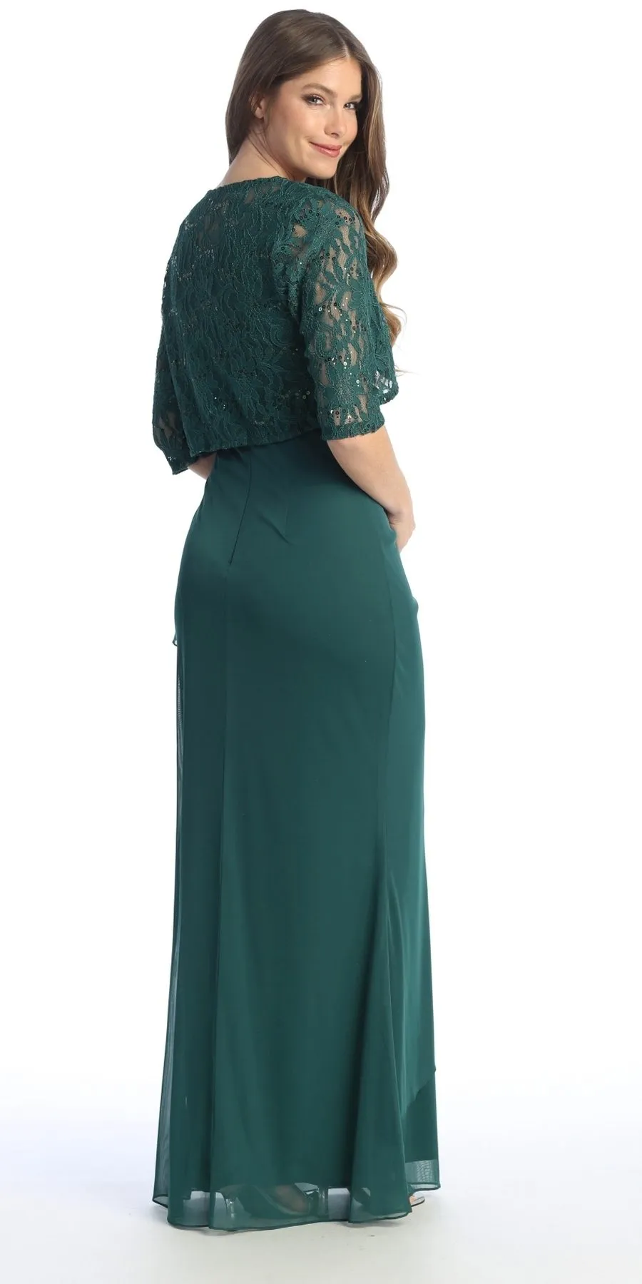 Celavie 6570-L Full Length Chiffon Lace Bodice Evening Dress with Bolero Jacket