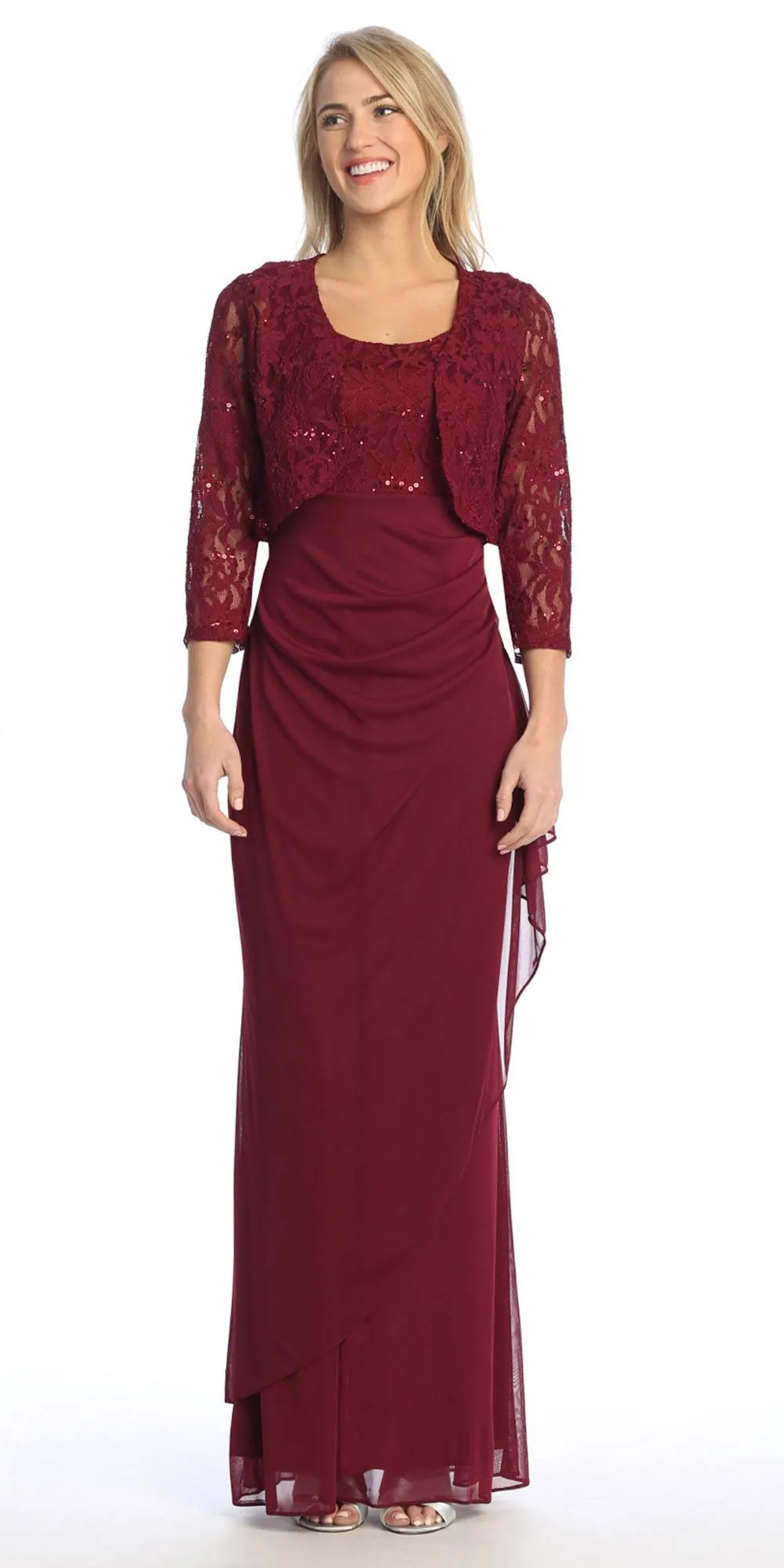 Celavie 6570-L Full Length Chiffon Lace Bodice Evening Dress with Bolero Jacket