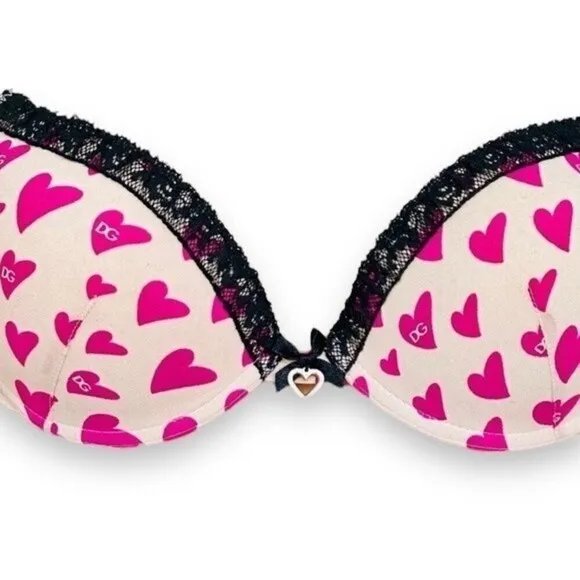 Dolce &amp; Gabbana Vtg. 00s Y2K Pink Heart Outerwear Bra 32C rhinestone