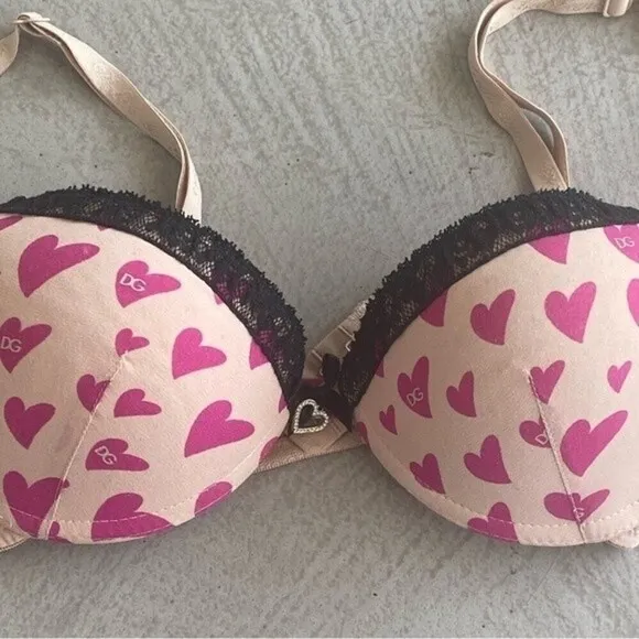 Dolce &amp; Gabbana Vtg. 00s Y2K Pink Heart Outerwear Bra 32C rhinestone