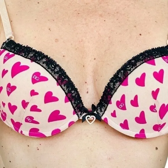 Dolce &amp; Gabbana Vtg. 00s Y2K Pink Heart Outerwear Bra 32C rhinestone