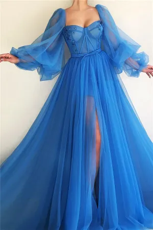 Elegant Blue Tulle Long Sleeves Prom Dress Sweetheart Long Beaded With Slit