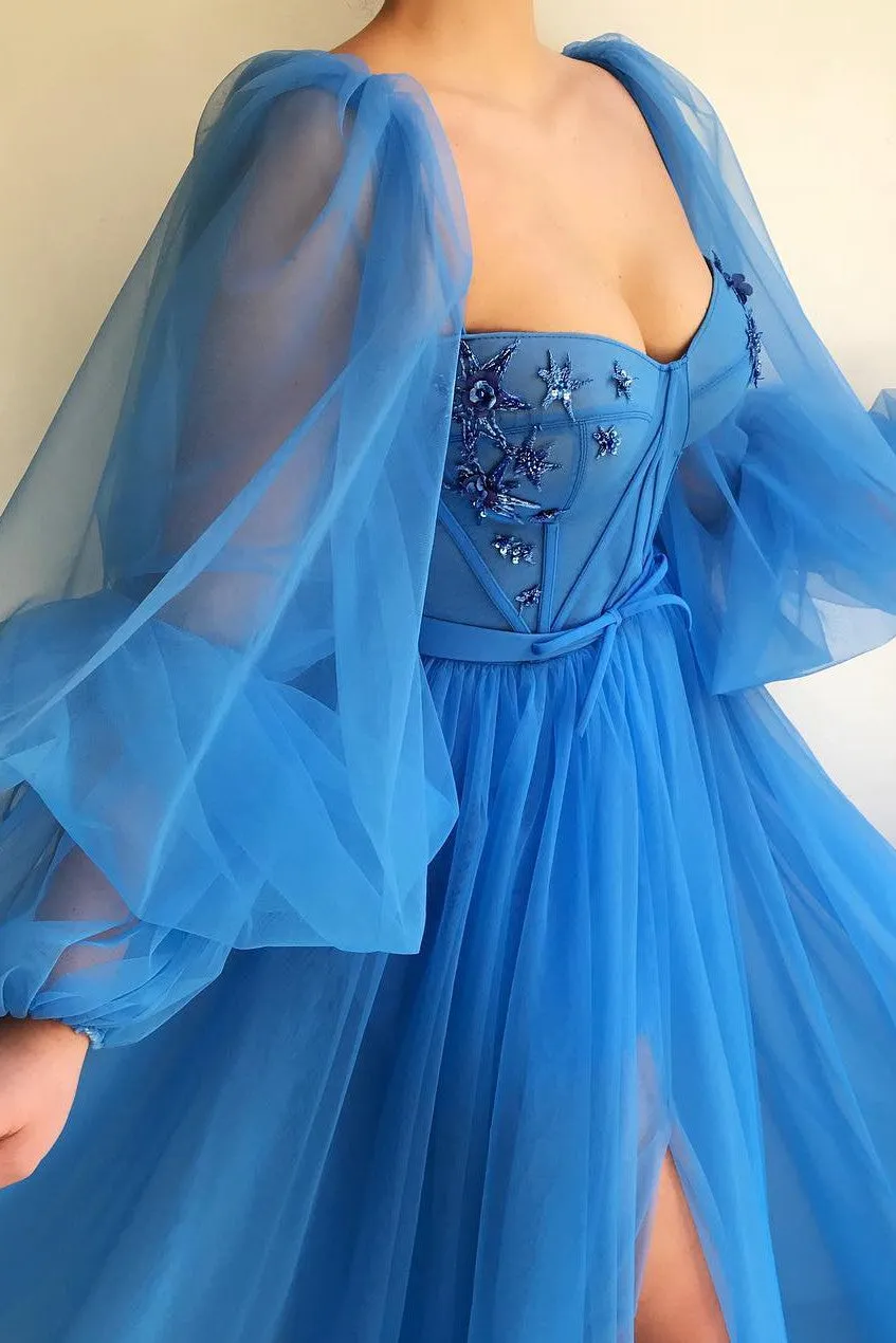 Elegant Blue Tulle Long Sleeves Prom Dress Sweetheart Long Beaded With Slit