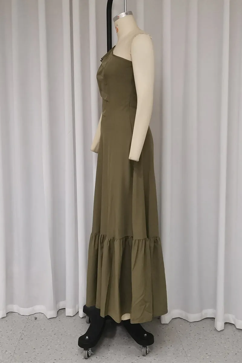Elegant Hollow Out Ruffle Pleated Sloping Shoulder Pleated Dresses