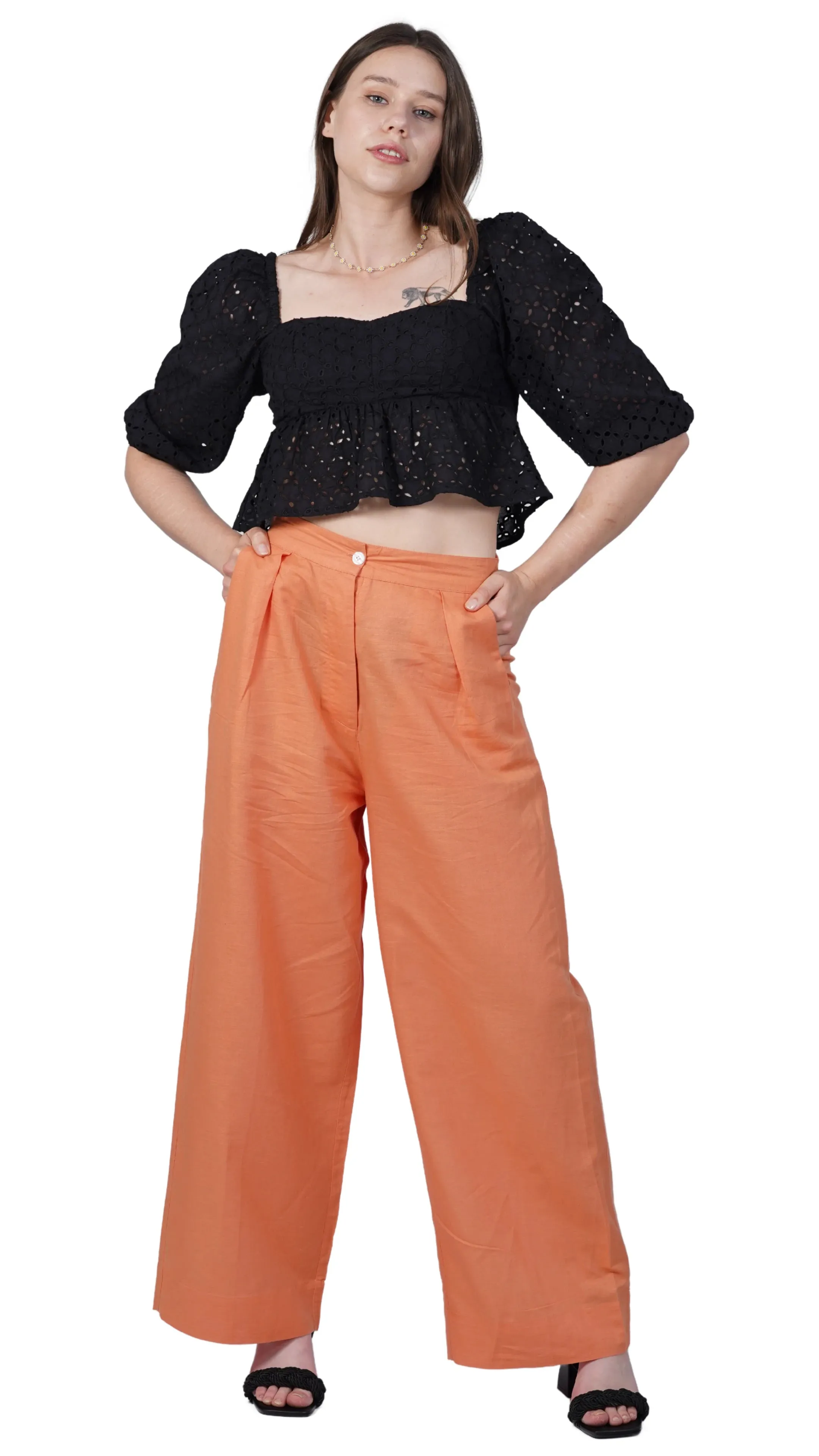 Embolden Your Look with Sustainable Luxury: Deep Saffron Wide Leg Linen Trousers