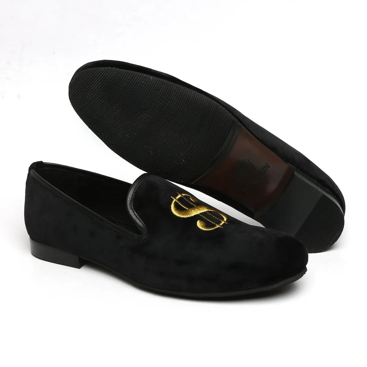 Embroidered Black Velvet Slip-On Shoe