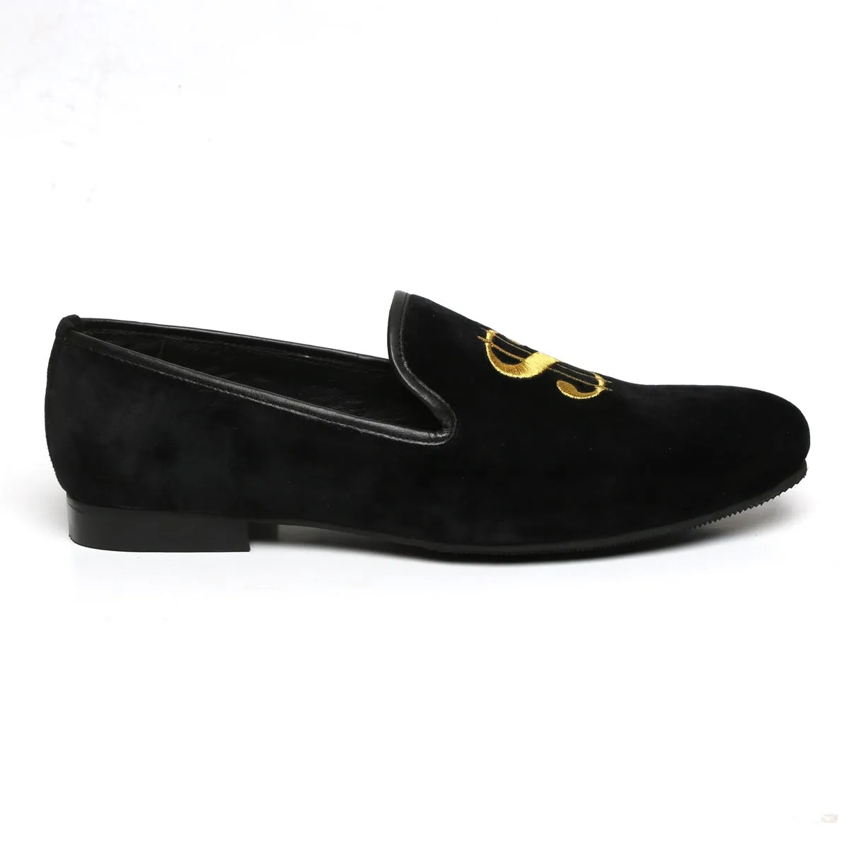 Embroidered Black Velvet Slip-On Shoe