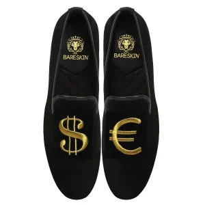 Embroidered Black Velvet Slip-On Shoe