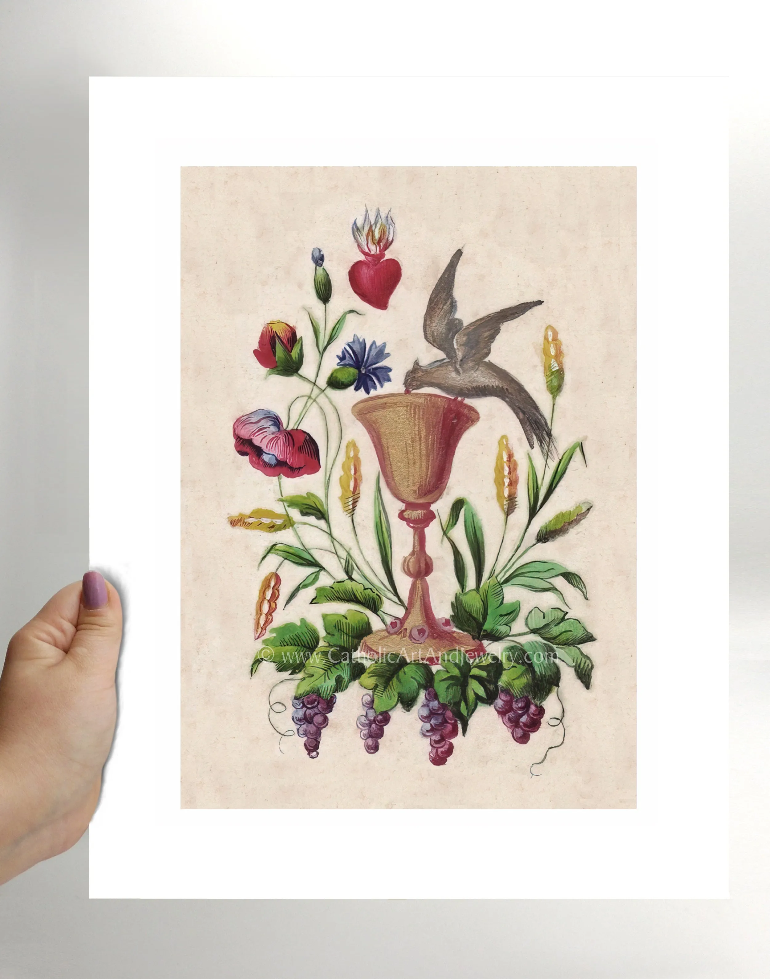 Eucharist with Dove – based on a Vintage French Holy Card – Catholic Art Print – Catholic Gift