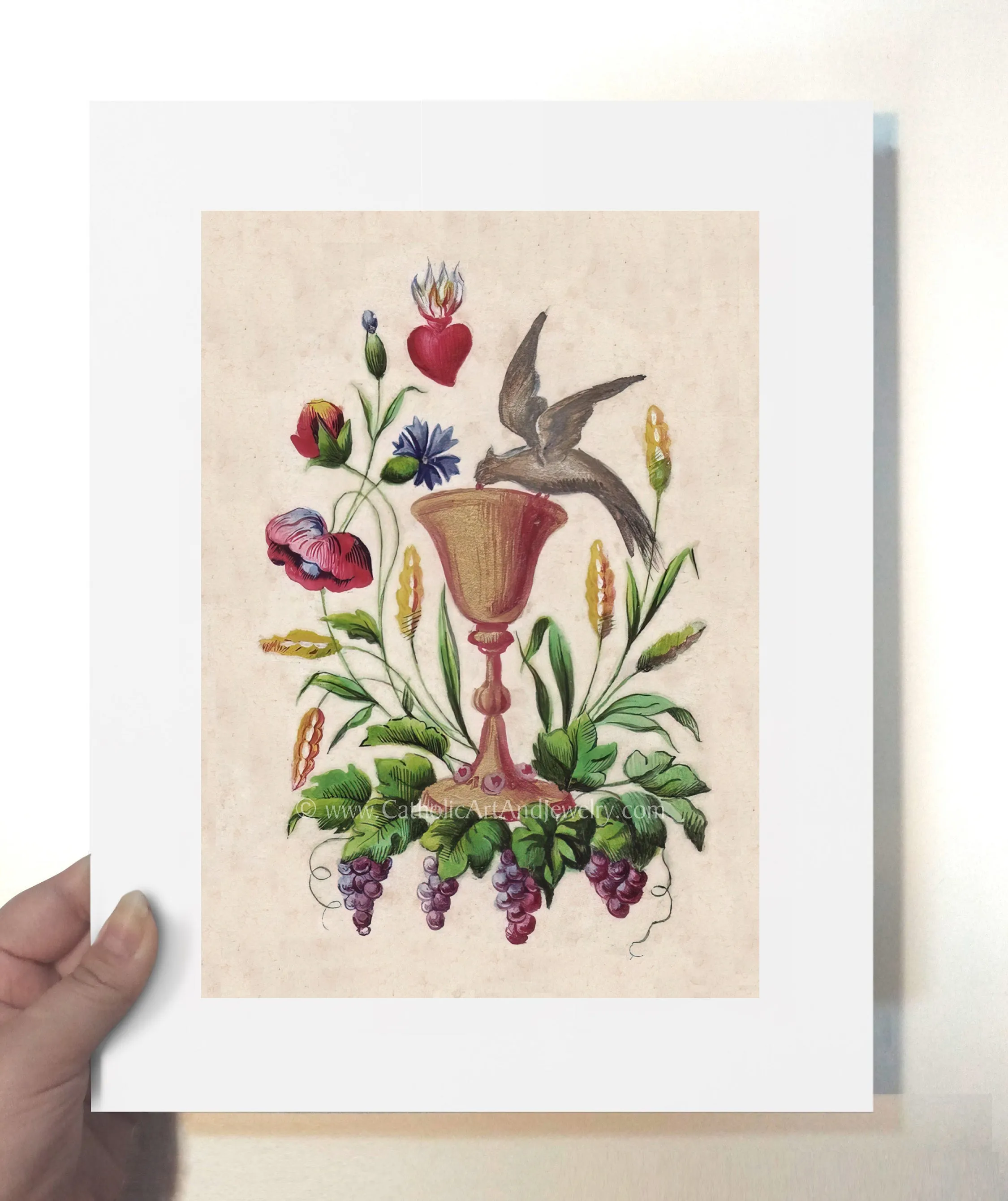 Eucharist with Dove – based on a Vintage French Holy Card – Catholic Art Print – Catholic Gift