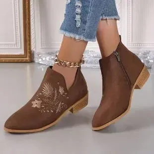 Fashion Retro Ankle Boots Embroidered Pointed Toe Loafers Elegant Casual Low Heels Shoes Moccasin Shoes Party Formal Women