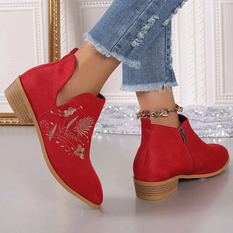 Fashion Retro Ankle Boots Embroidered Pointed Toe Loafers Elegant Casual Low Heels Shoes Moccasin Shoes Party Formal Women