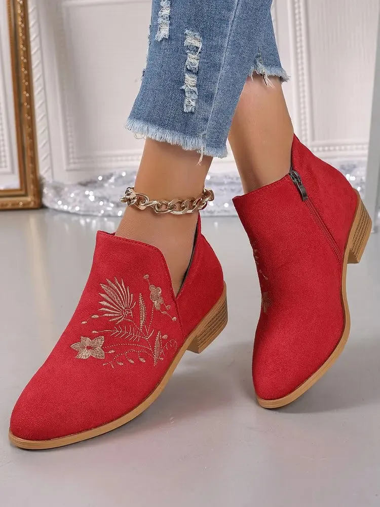 Fashion Retro Ankle Boots Embroidered Pointed Toe Loafers Elegant Casual Low Heels Shoes Moccasin Shoes Party Formal Women