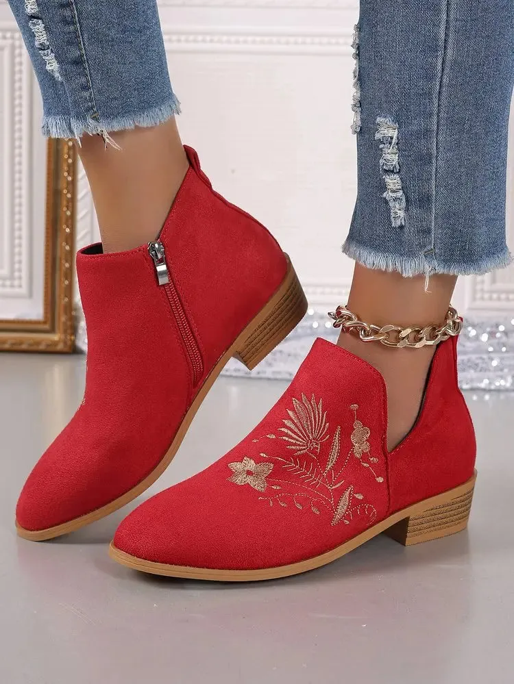 Fashion Retro Ankle Boots Embroidered Pointed Toe Loafers Elegant Casual Low Heels Shoes Moccasin Shoes Party Formal Women