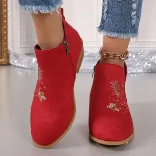Fashion Retro Ankle Boots Embroidered Pointed Toe Loafers Elegant Casual Low Heels Shoes Moccasin Shoes Party Formal Women
