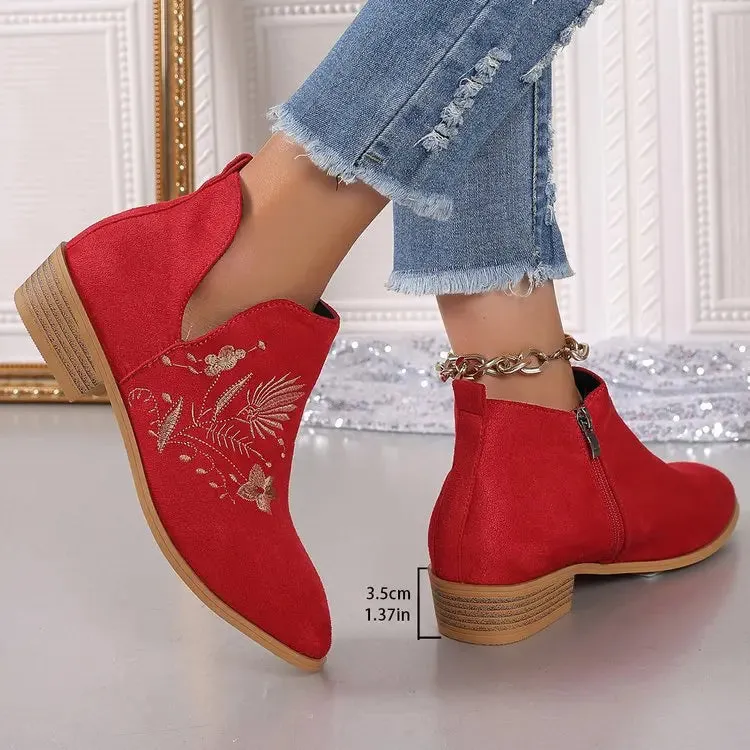 Fashion Retro Ankle Boots Embroidered Pointed Toe Loafers Elegant Casual Low Heels Shoes Moccasin Shoes Party Formal Women