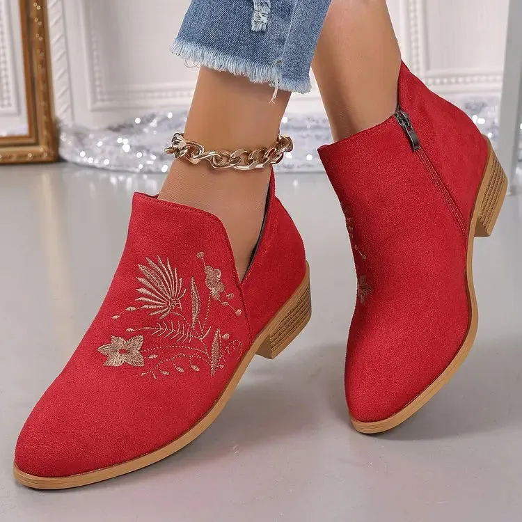 Fashion Retro Ankle Boots Embroidered Pointed Toe Loafers Elegant Casual Low Heels Shoes Moccasin Shoes Party Formal Women