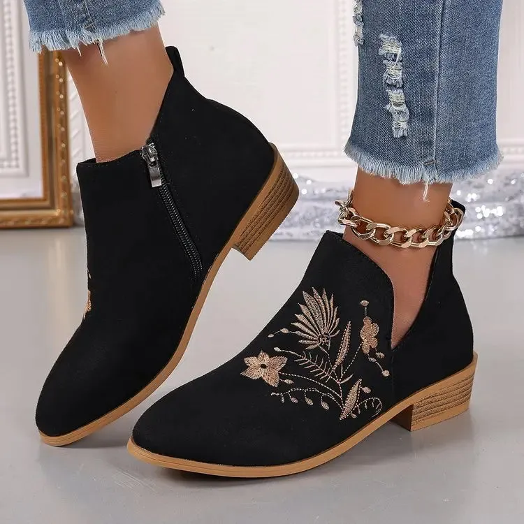 Fashion Retro Ankle Boots Embroidered Pointed Toe Loafers Elegant Casual Low Heels Shoes Moccasin Shoes Party Formal Women