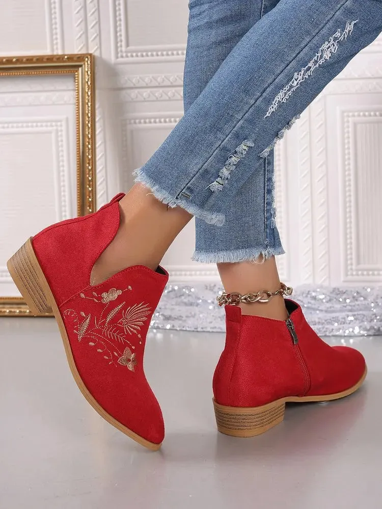 Fashion Retro Ankle Boots Embroidered Pointed Toe Loafers Elegant Casual Low Heels Shoes Moccasin Shoes Party Formal Women