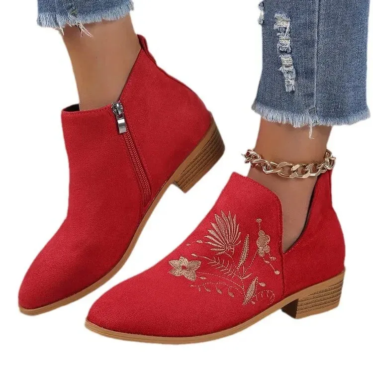 Fashion Retro Ankle Boots Embroidered Pointed Toe Loafers Elegant Casual Low Heels Shoes Moccasin Shoes Party Formal Women