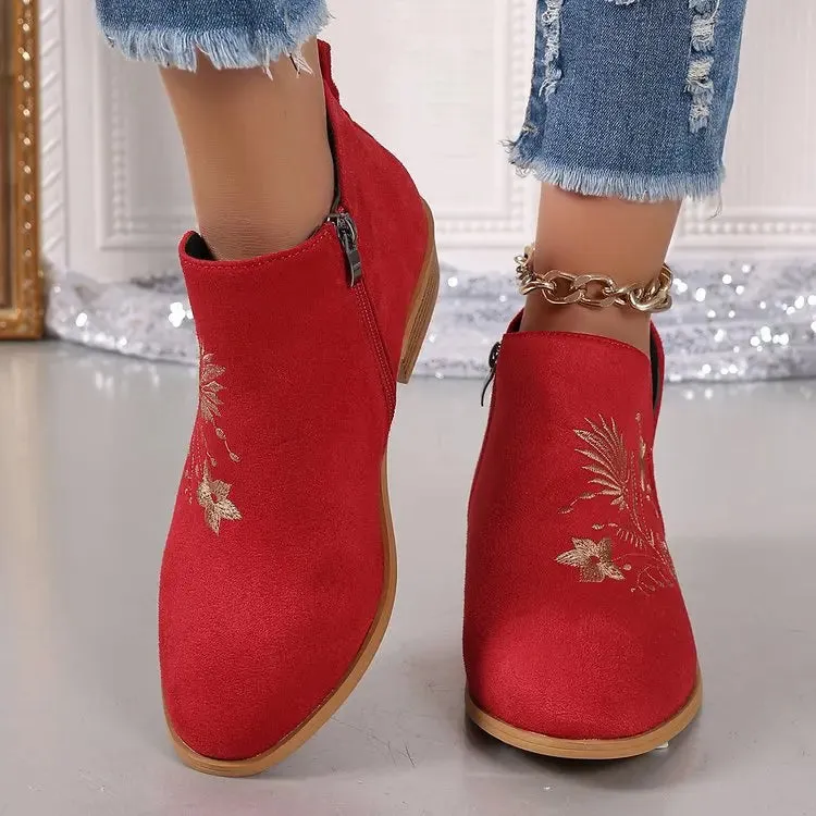 Fashion Retro Ankle Boots Embroidered Pointed Toe Loafers Elegant Casual Low Heels Shoes Moccasin Shoes Party Formal Women